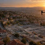 Altındağ yoğun kent dokusunda açık şantiye yüzeyini ölçen RTK haritalama dronu temsili