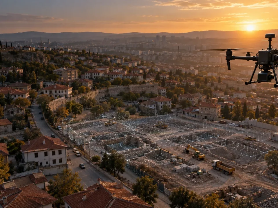 Altındağ yoğun kent dokusunda açık şantiye yüzeyini ölçen RTK haritalama dronu temsili