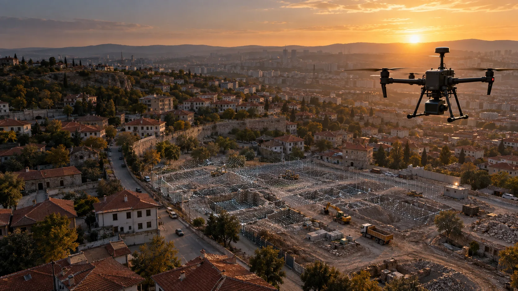 Altındağ yoğun kent dokusunda açık şantiye yüzeyini ölçen RTK haritalama dronu temsili