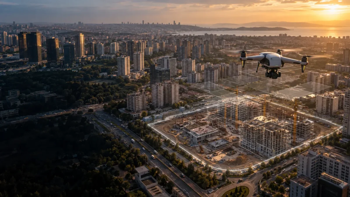 Ataşehir yüksek yapıları ve şantiye alanı üzerinde haritalama dronu