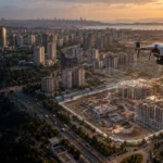 Ataşehir yüksek yapıları ve şantiye alanı üzerinde haritalama dronu