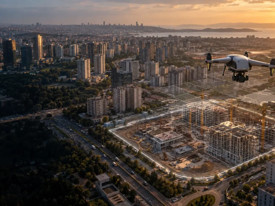 Ataşehir yüksek yapıları ve şantiye alanı üzerinde haritalama dronu