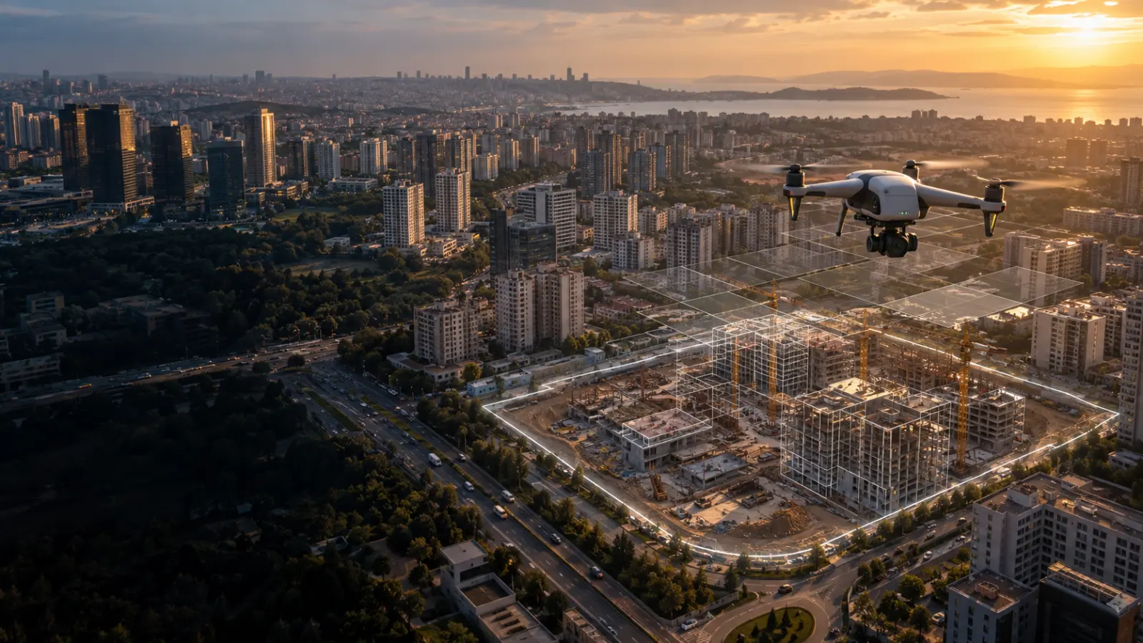 Ataşehir yüksek yapıları ve şantiye alanı üzerinde haritalama dronu