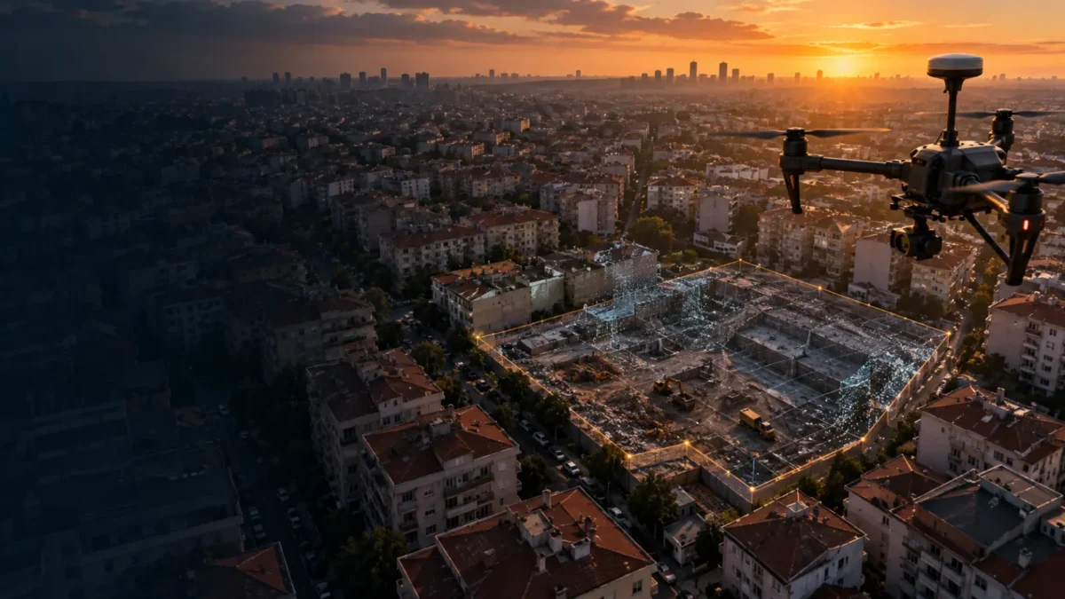 Bahçelievler dönüşüm sahasında ortofoto üreten RTK haritalama dronu