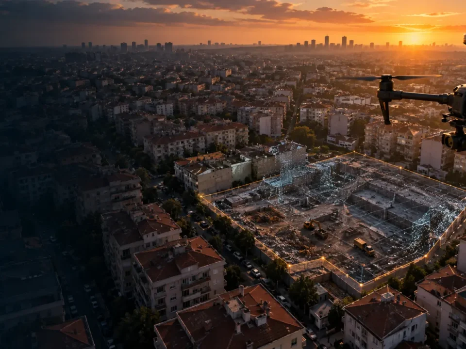 Bahçelievler dönüşüm sahasında ortofoto üreten RTK haritalama dronu