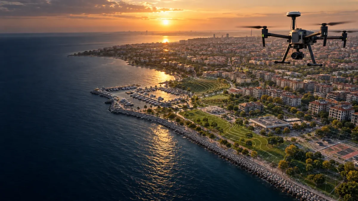 Bakırköy kıyı ve yeşil alanları üzerinde ölçüm yapan RTK haritalama dronu