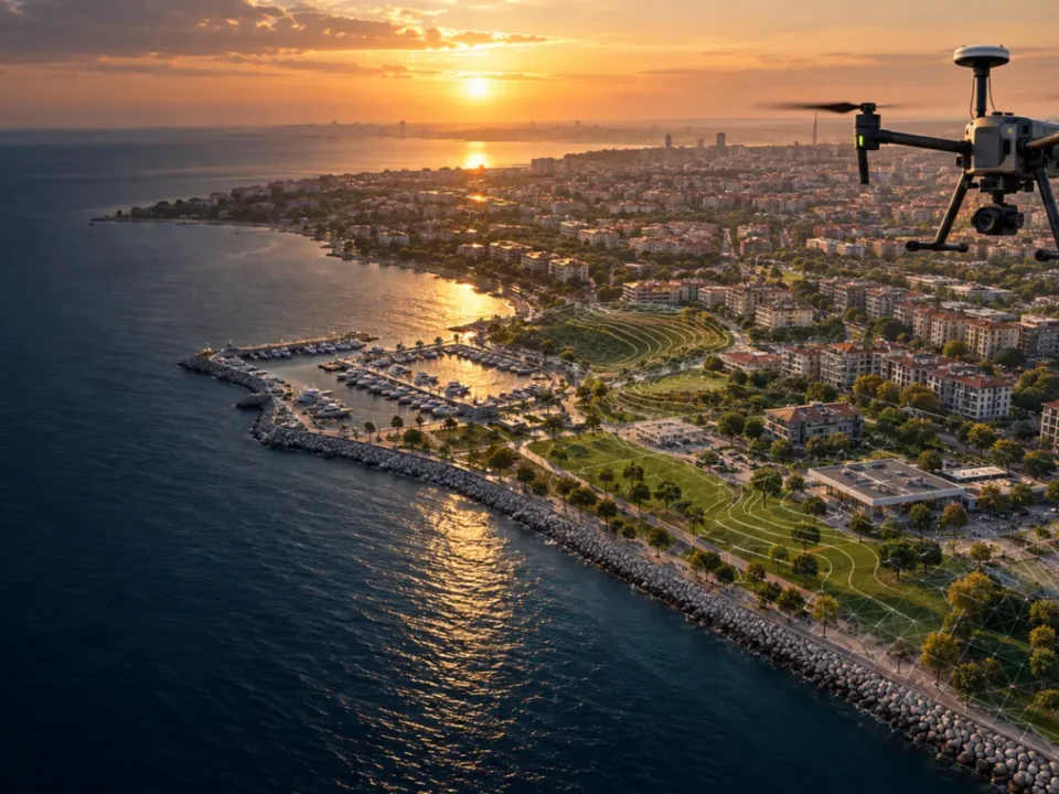 Bakırköy kıyı ve yeşil alanları üzerinde ölçüm yapan RTK haritalama dronu