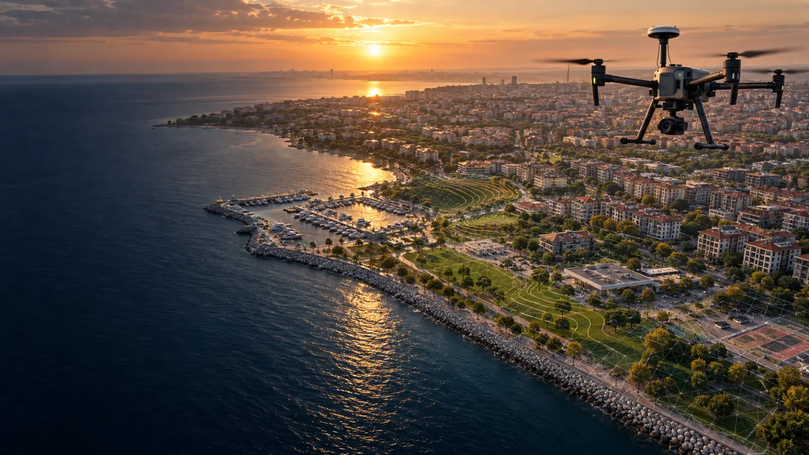 Bakırköy kıyı ve yeşil alanları üzerinde ölçüm yapan RTK haritalama dronu