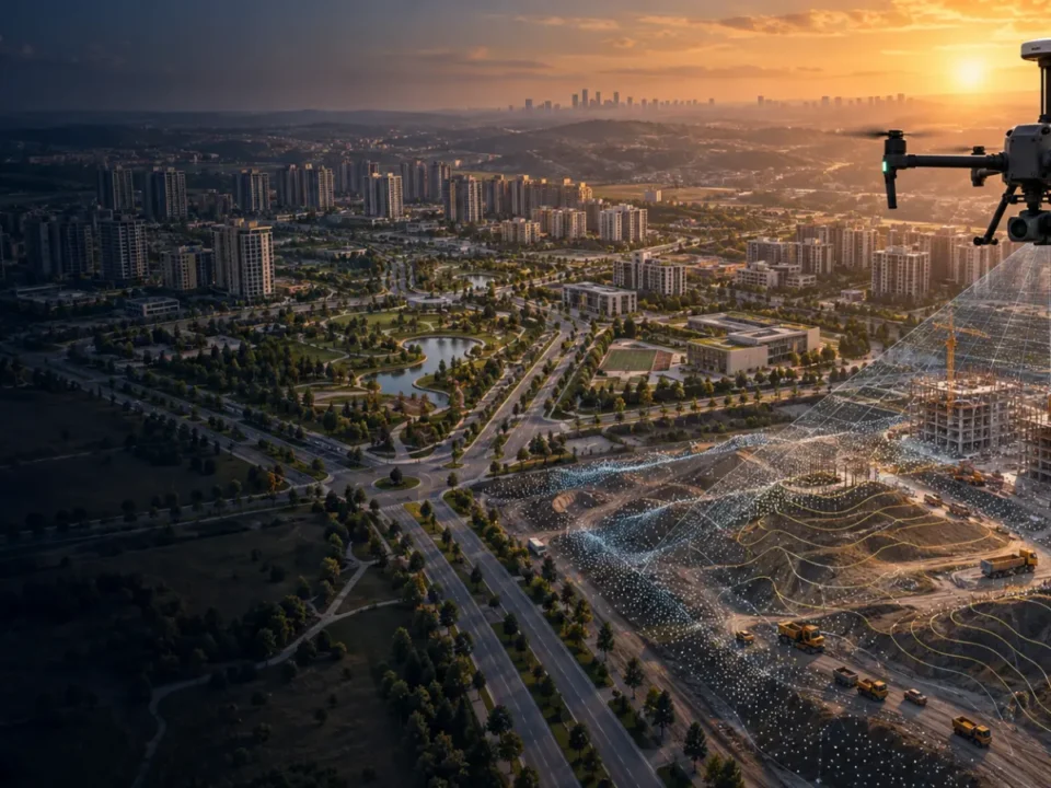 Başakşehir geniş şantiye ve planlı yerleşiminde ölçüm yapan RTK dronu