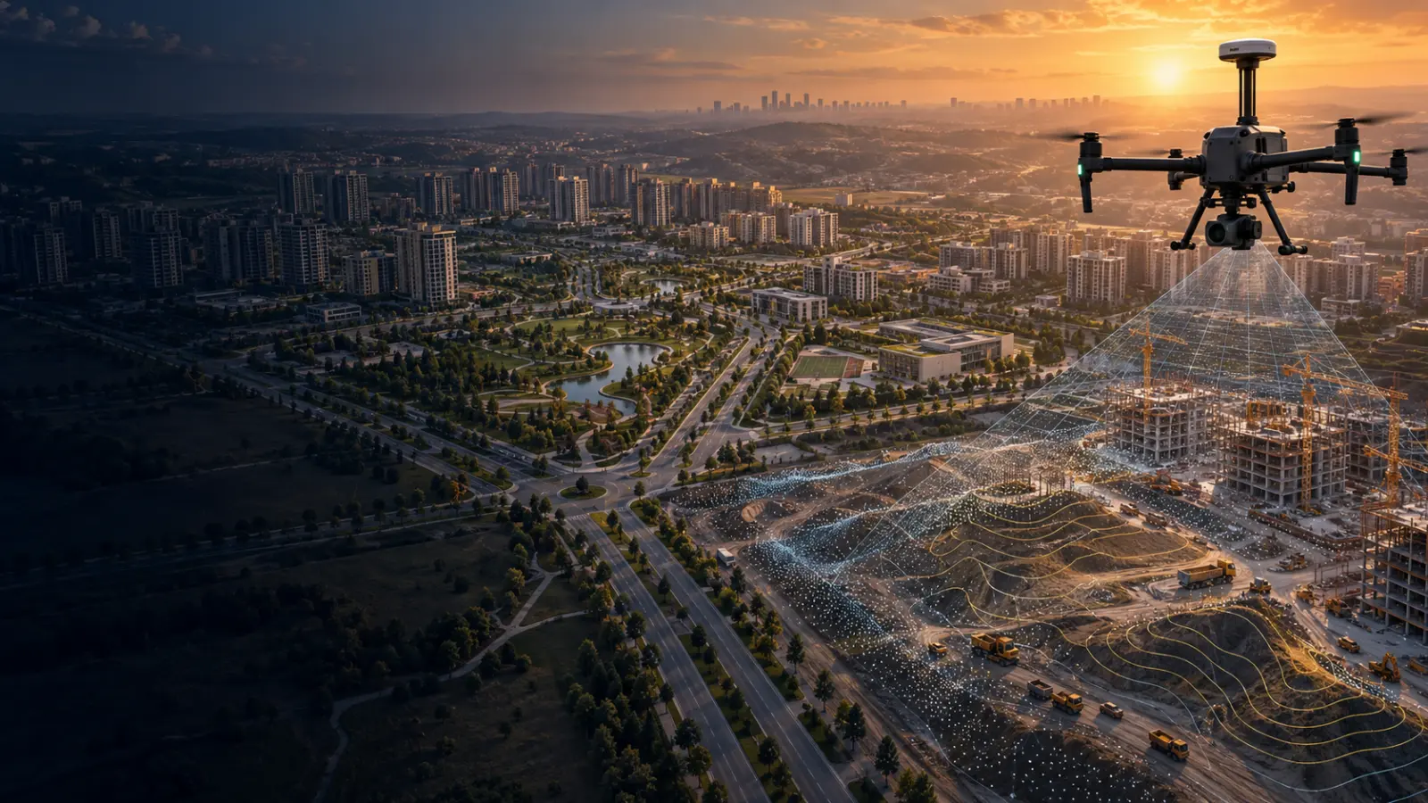 Başakşehir geniş şantiye ve planlı yerleşiminde ölçüm yapan RTK dronu