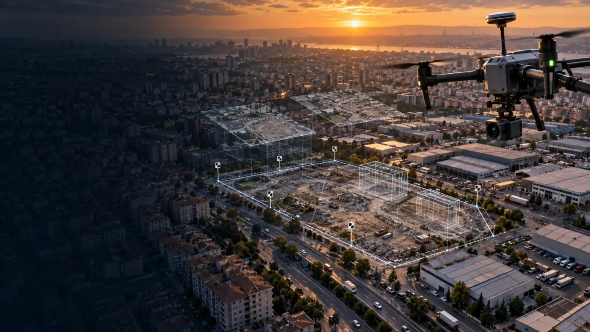 Bayrampaşa ticari ve dönüşüm alanında veri toplayan RTK haritalama dronu
