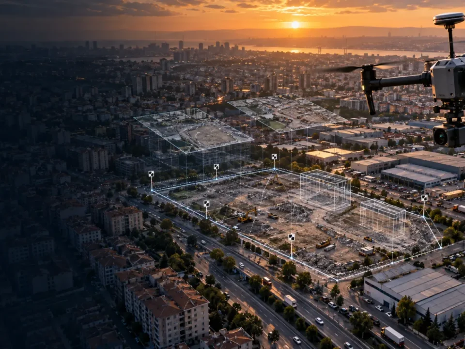 Bayrampaşa ticari ve dönüşüm alanında veri toplayan RTK haritalama dronu