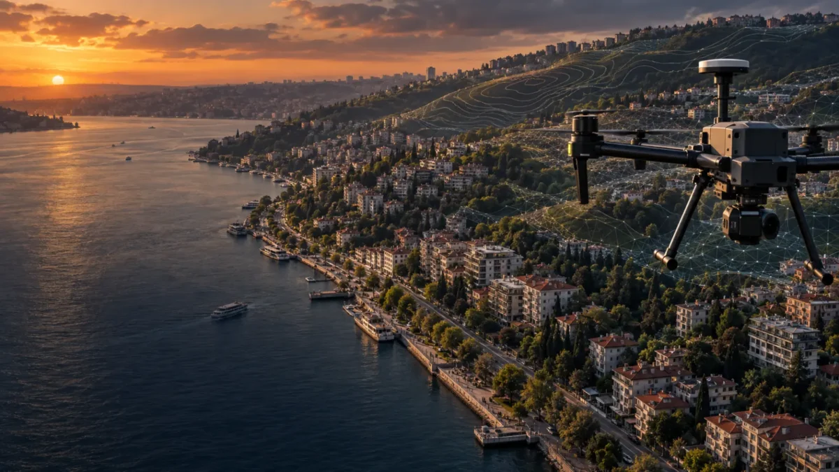 Beşiktaş eğimli kıyı yerleşiminde ölçüm yapan RTK haritalama dronu