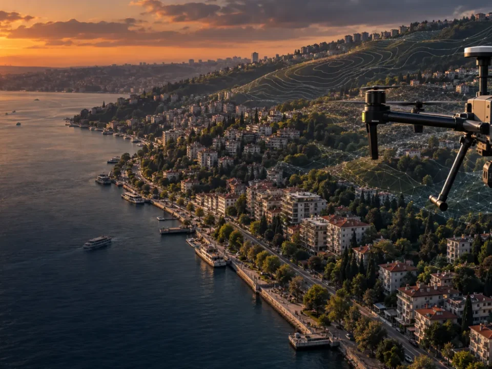 Beşiktaş eğimli kıyı yerleşiminde ölçüm yapan RTK haritalama dronu