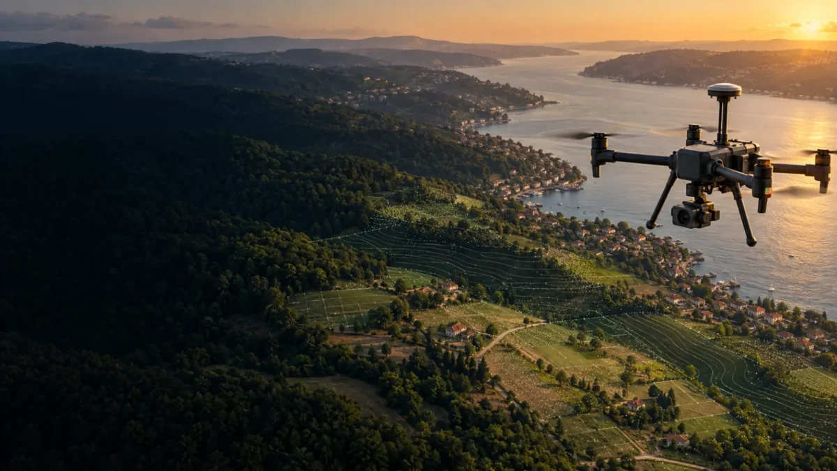 Beykoz orman kenarı ve kırsal arazide ölçüm yapan RTK haritalama dronu