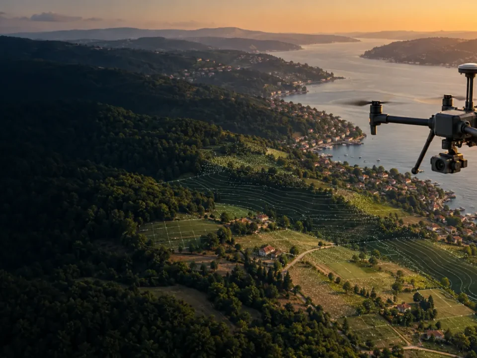 Beykoz orman kenarı ve kırsal arazide ölçüm yapan RTK haritalama dronu