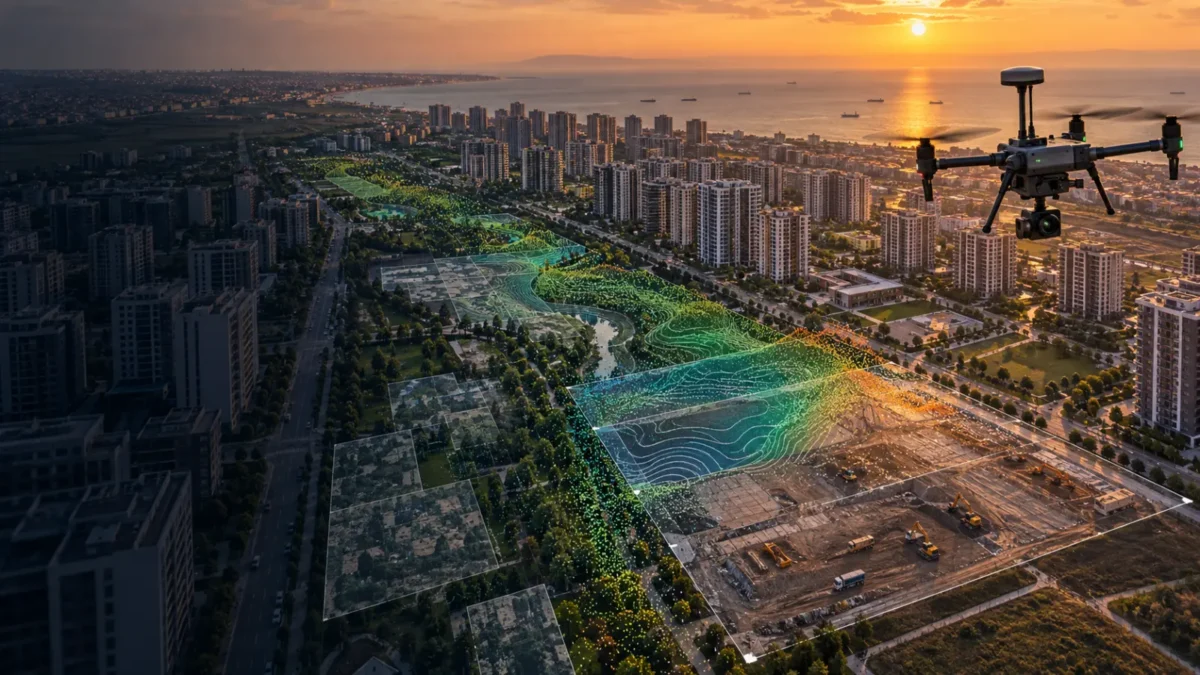 Beylikdüzü planlı yerleşim ve açık şantiyesinde ölçüm yapan RTK dronu