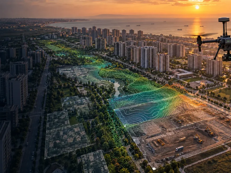 Beylikdüzü planlı yerleşim ve açık şantiyesinde ölçüm yapan RTK dronu