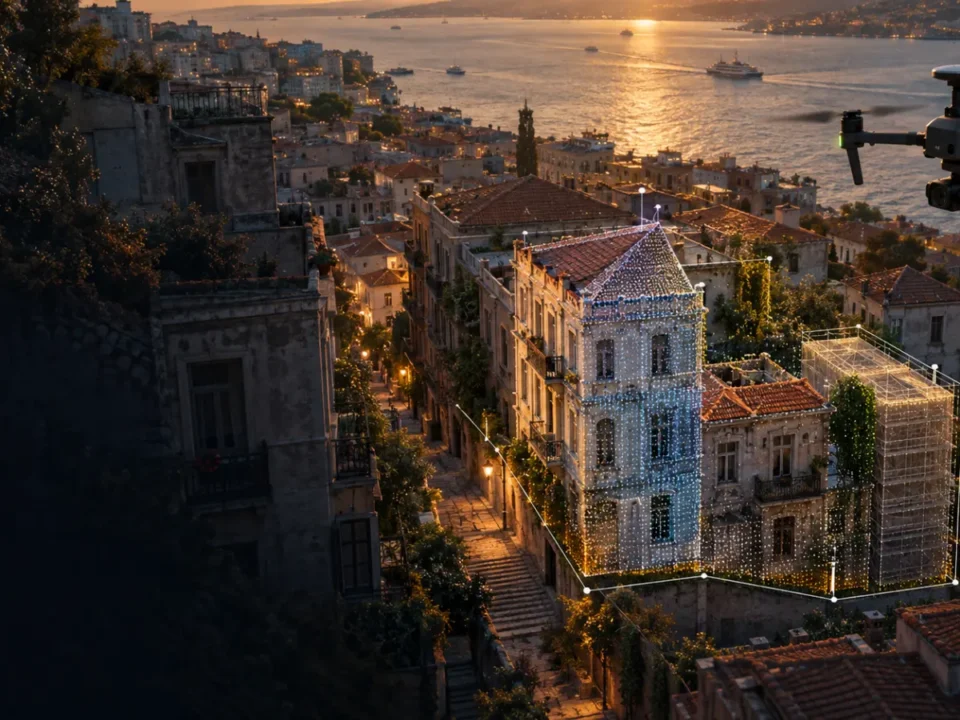 Beyoğlu tarihi yapı cephesi ve çatısında veri toplayan RTK haritalama dronu