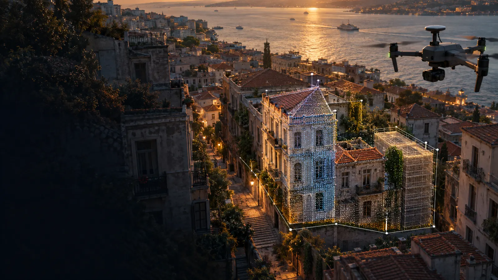 Beyoğlu tarihi yapı cephesi ve çatısında veri toplayan RTK haritalama dronu