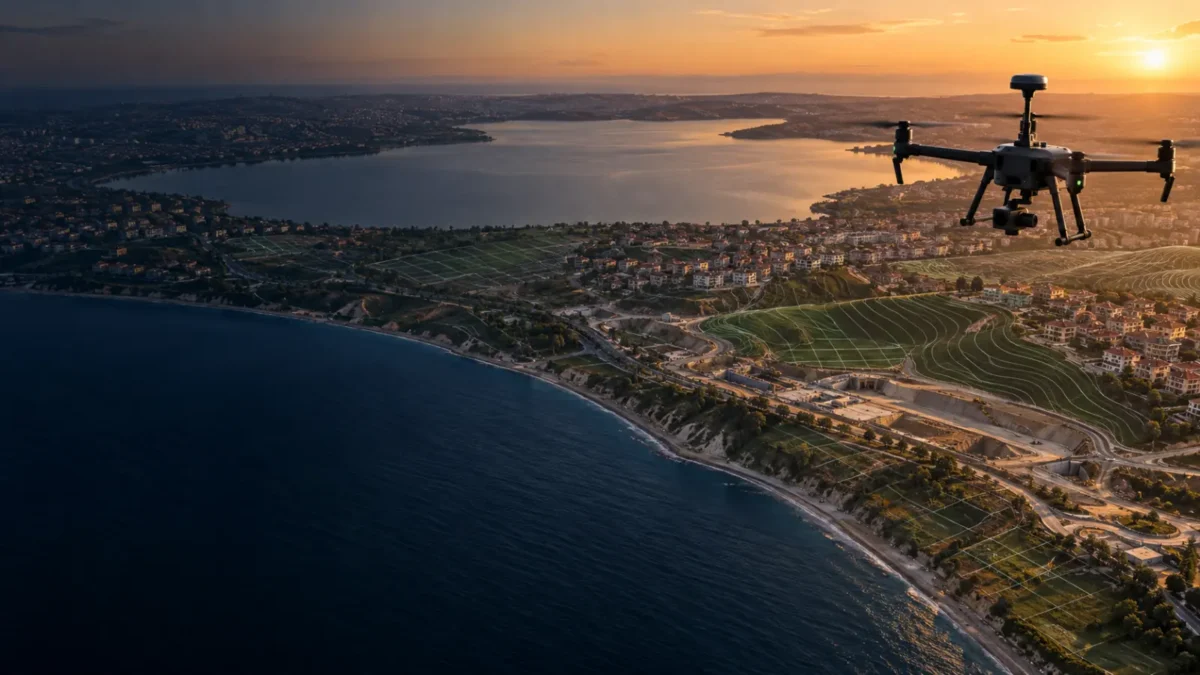 Büyükçekmece göl havzası, Marmara kıyısı ve eğimli arazide ölçüm yapan haritalama dronu