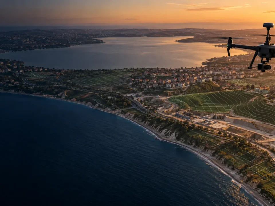 Büyükçekmece göl havzası, Marmara kıyısı ve eğimli arazide ölçüm yapan haritalama dronu
