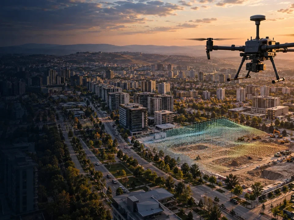 Çankaya yoğun kentsel açık şantiyesinde veri toplayan RTK haritalama dronu temsili