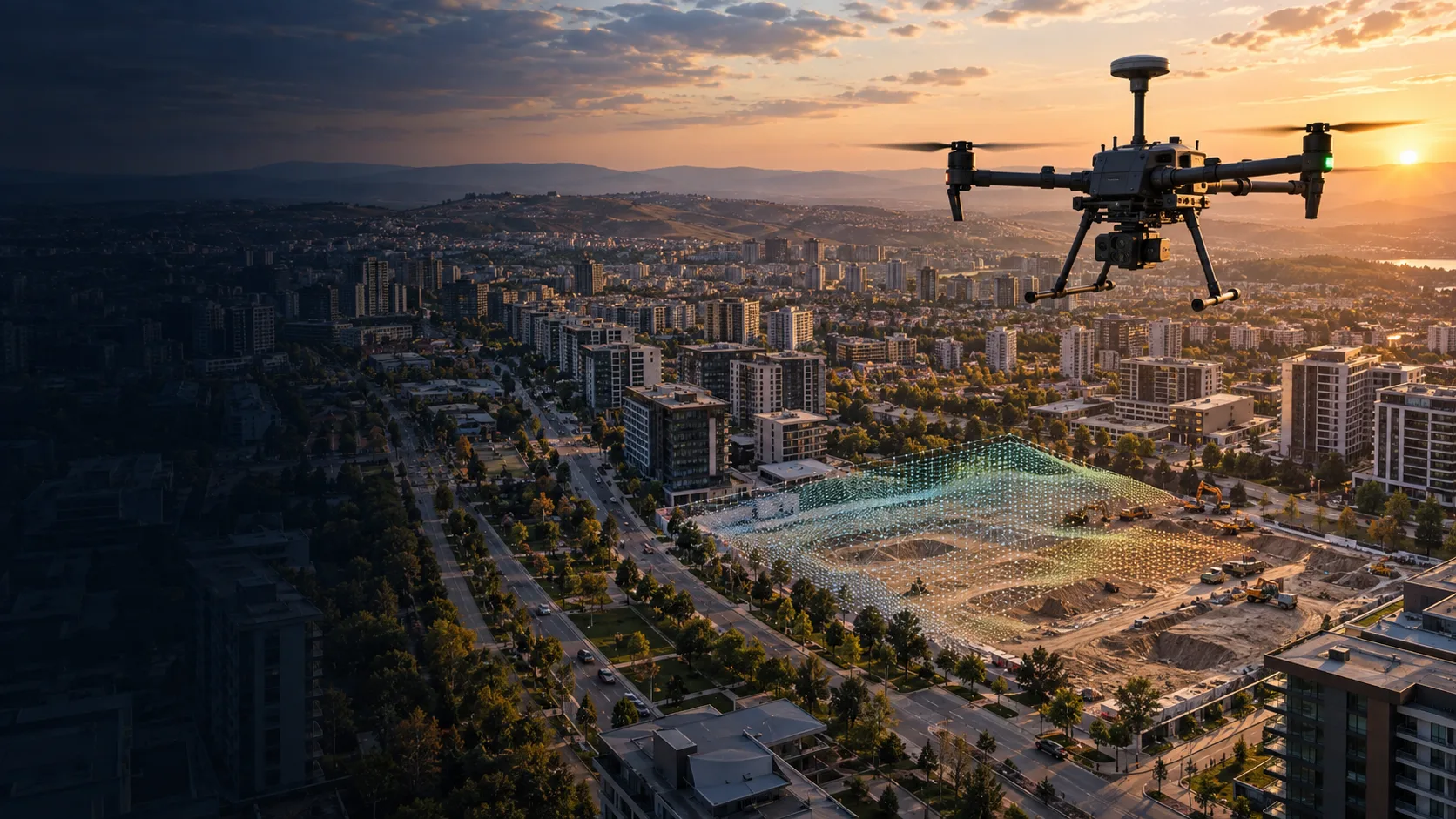 Çankaya yoğun kentsel açık şantiyesinde veri toplayan RTK haritalama dronu temsili