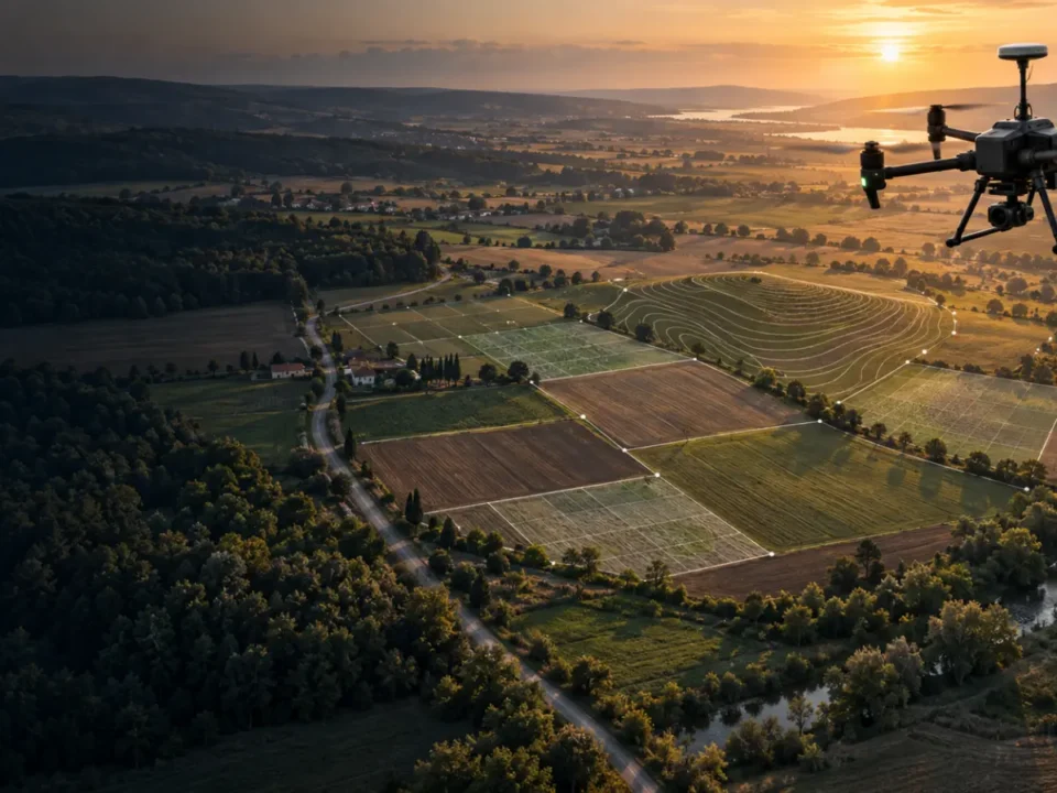 Çatalca tarım parselleri, kırsal yol ve orman kenarında veri toplayan haritalama dronu