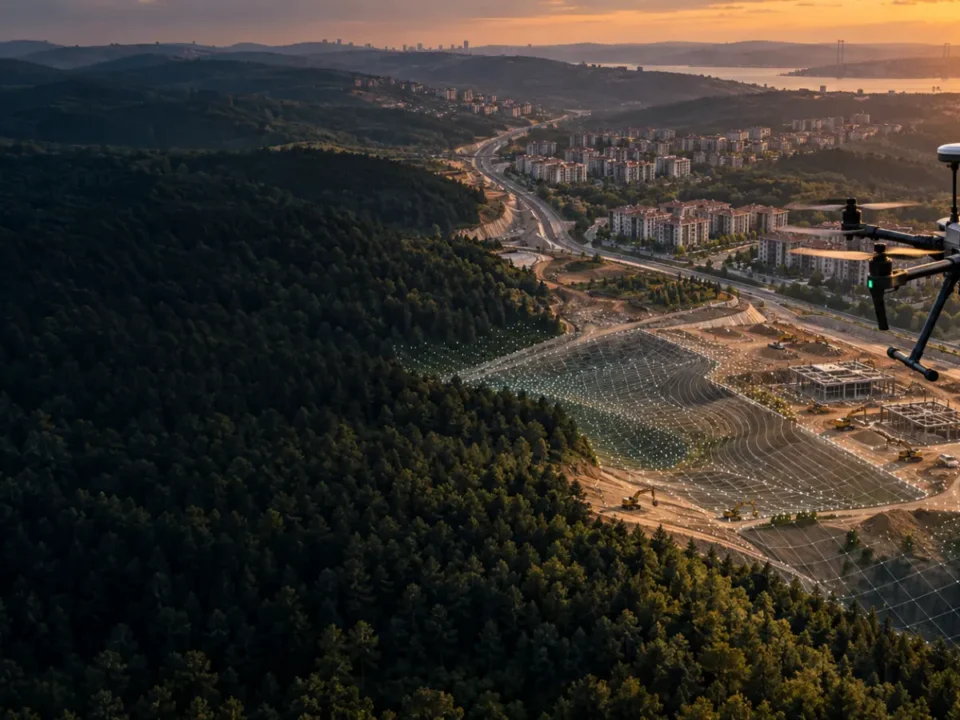 Çekmeköy orman-kent sınırı, eğimli arazi ve yol şantiyesinde çalışan haritalama dronu