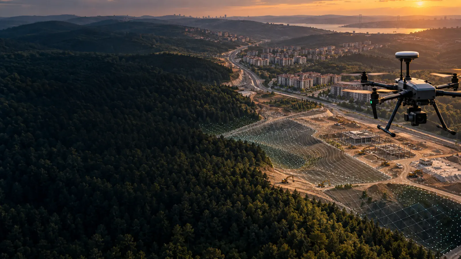 Çekmeköy orman-kent sınırı, eğimli arazi ve yol şantiyesinde çalışan haritalama dronu