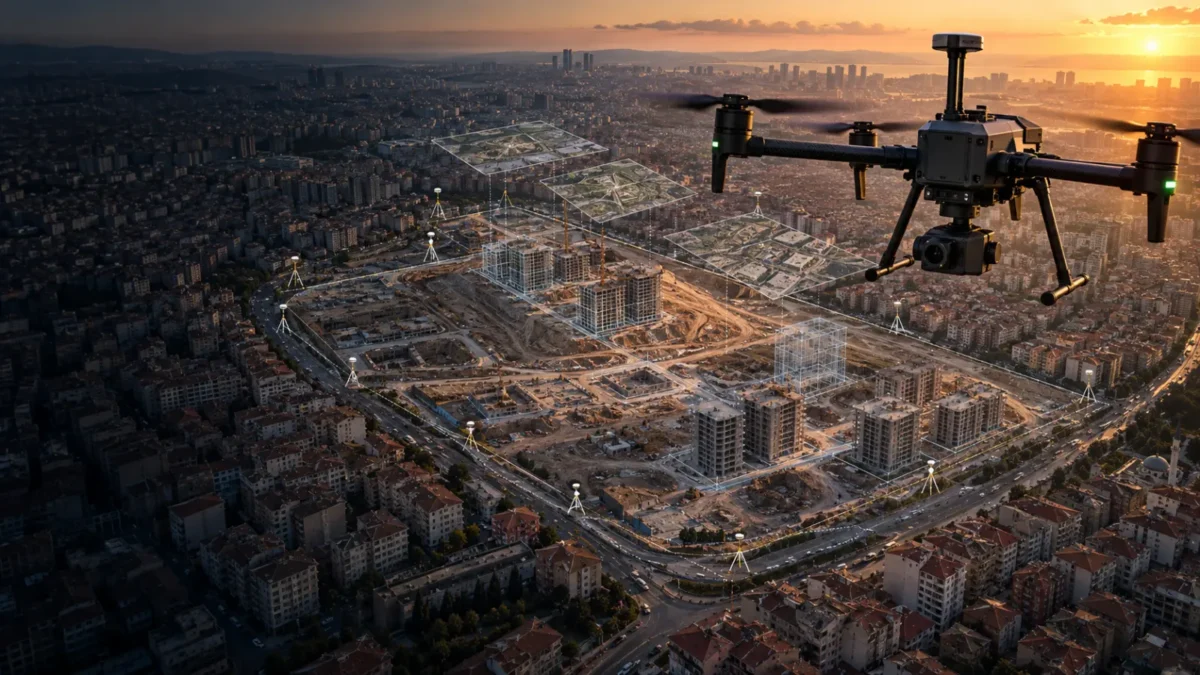 Esenler yoğun kent dokusundaki kontrollü dönüşüm şantiyesini ölçen haritalama dronu