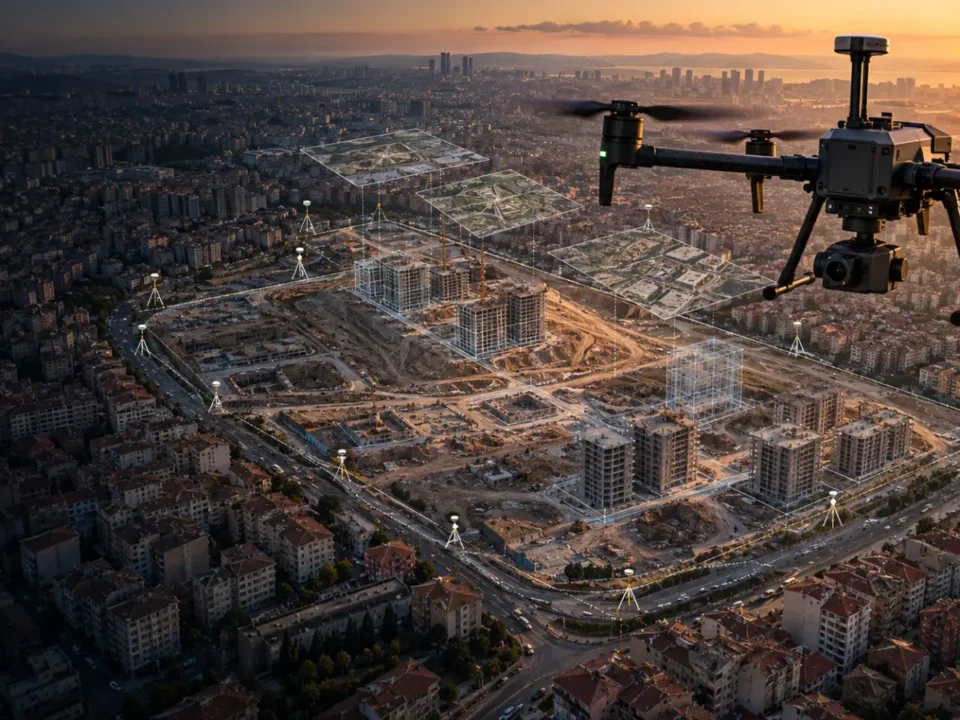 Esenler yoğun kent dokusundaki kontrollü dönüşüm şantiyesini ölçen haritalama dronu