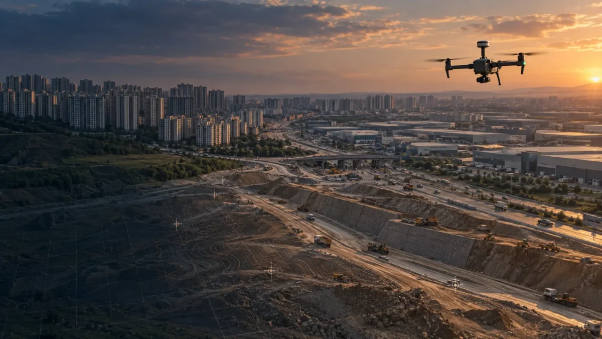 Esenyurt yoğun konut, sanayi ve altyapı koridorunda çalışan RTK haritalama dronu