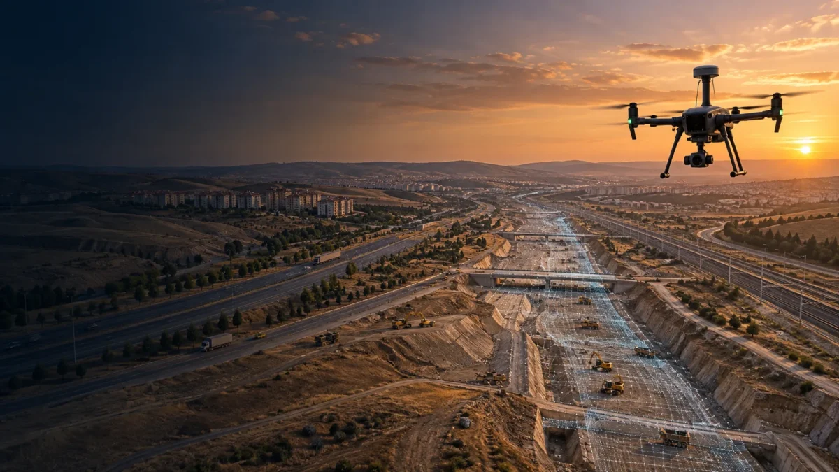Etimesgut geniş proje alanı ve ulaşım koridorunda veri toplayan RTK haritalama dronu temsili