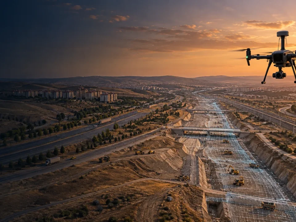 Etimesgut geniş proje alanı ve ulaşım koridorunda veri toplayan RTK haritalama dronu temsili