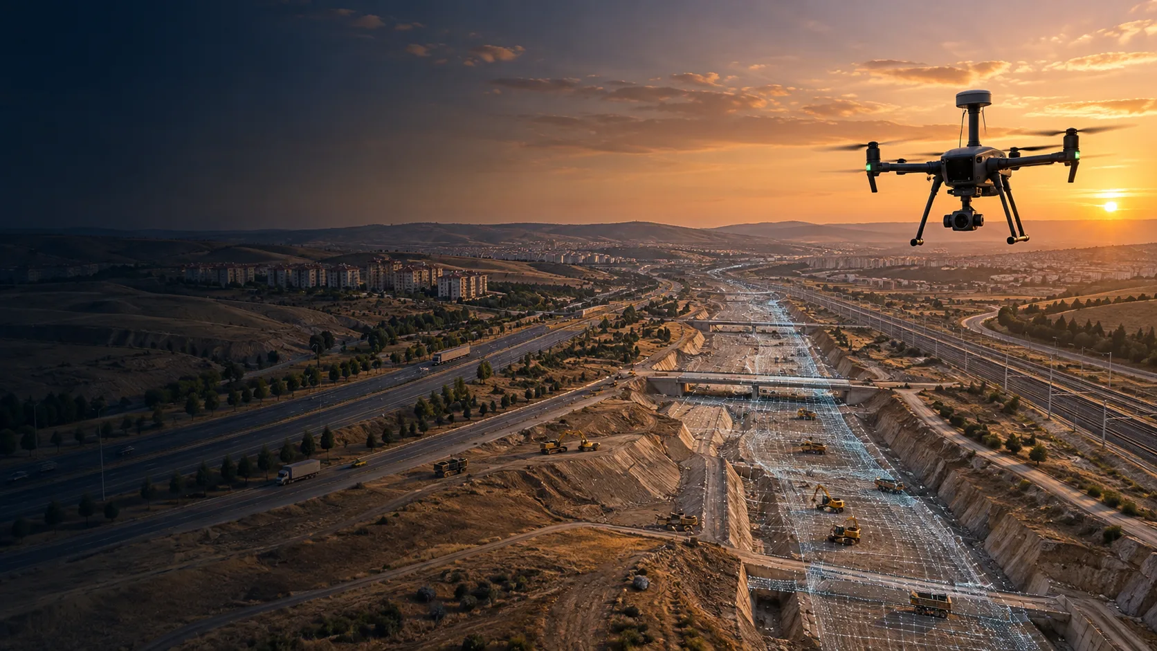 Etimesgut geniş proje alanı ve ulaşım koridorunda veri toplayan RTK haritalama dronu temsili