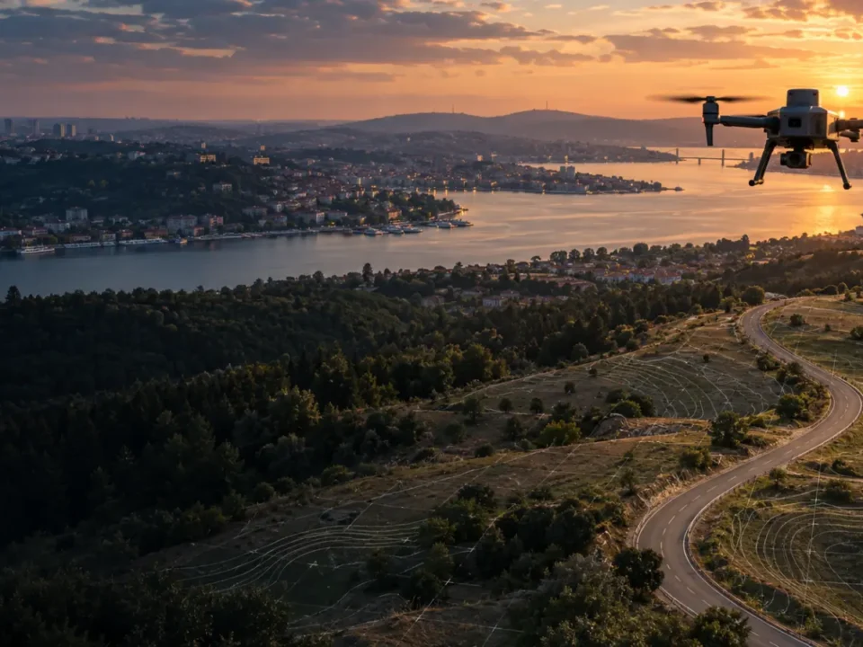 Eyüpsultan kıyı, orman, havza ve kırsal yol geçişinde çalışan haritalama dronu