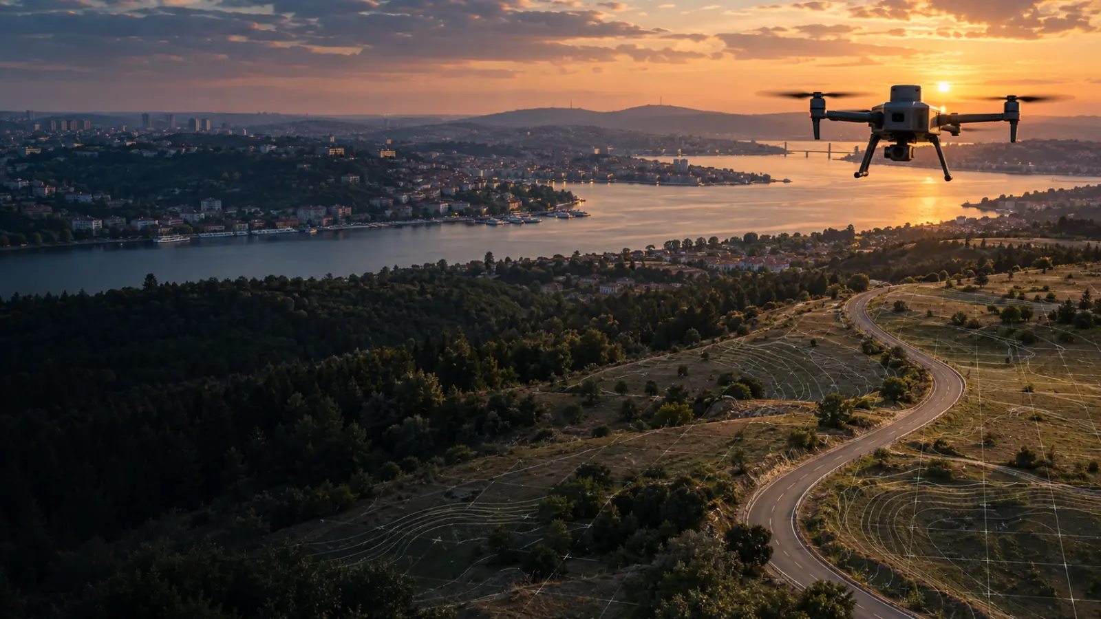 Eyüpsultan kıyı, orman, havza ve kırsal yol geçişinde çalışan haritalama dronu