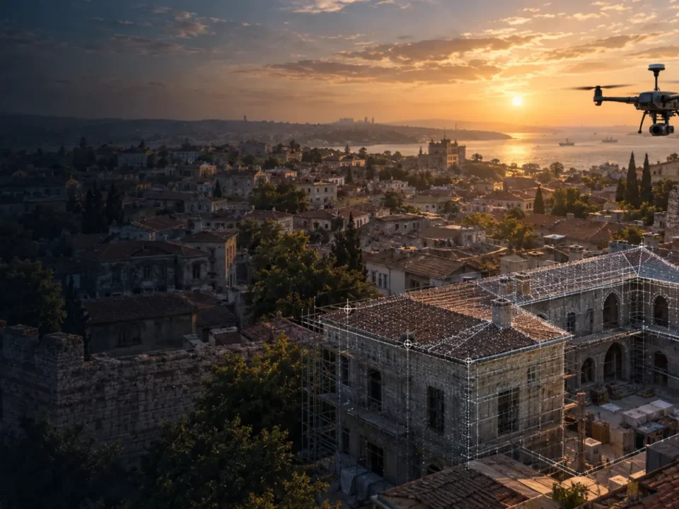Fatih tarihî yarımadada avlulu yapı ve sur çevresini belgeleyen RTK haritalama dronu
