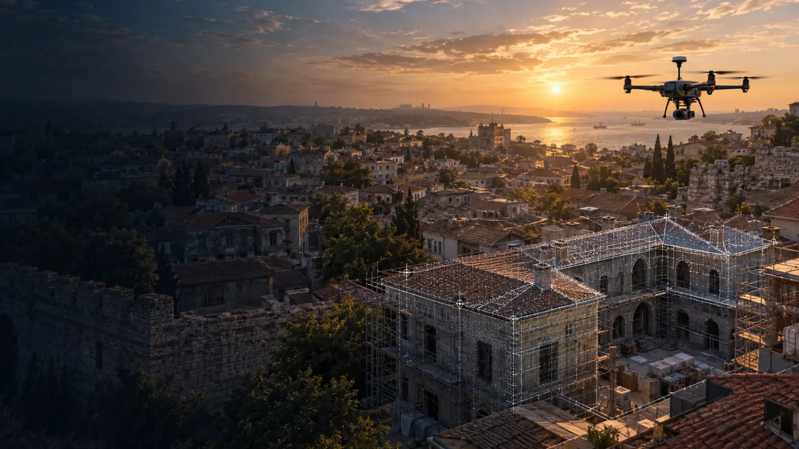 Fatih tarihî yarımadada avlulu yapı ve sur çevresini belgeleyen RTK haritalama dronu