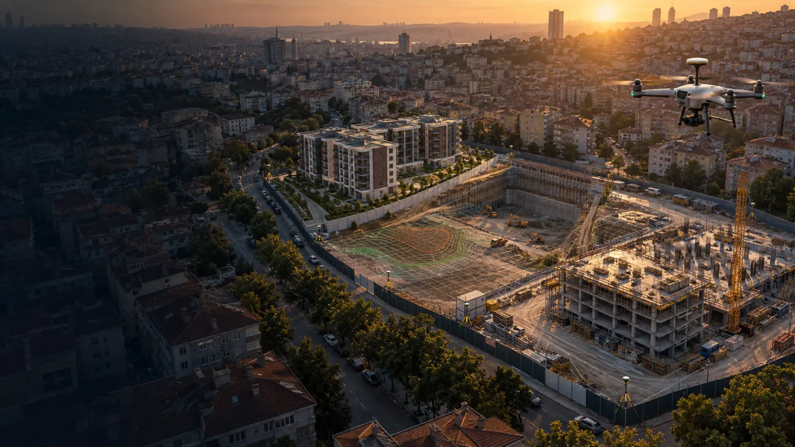 Gaziosmanpaşa yoğun kent dokusundaki etaplı dönüşüm sahasını ölçen RTK haritalama dronu