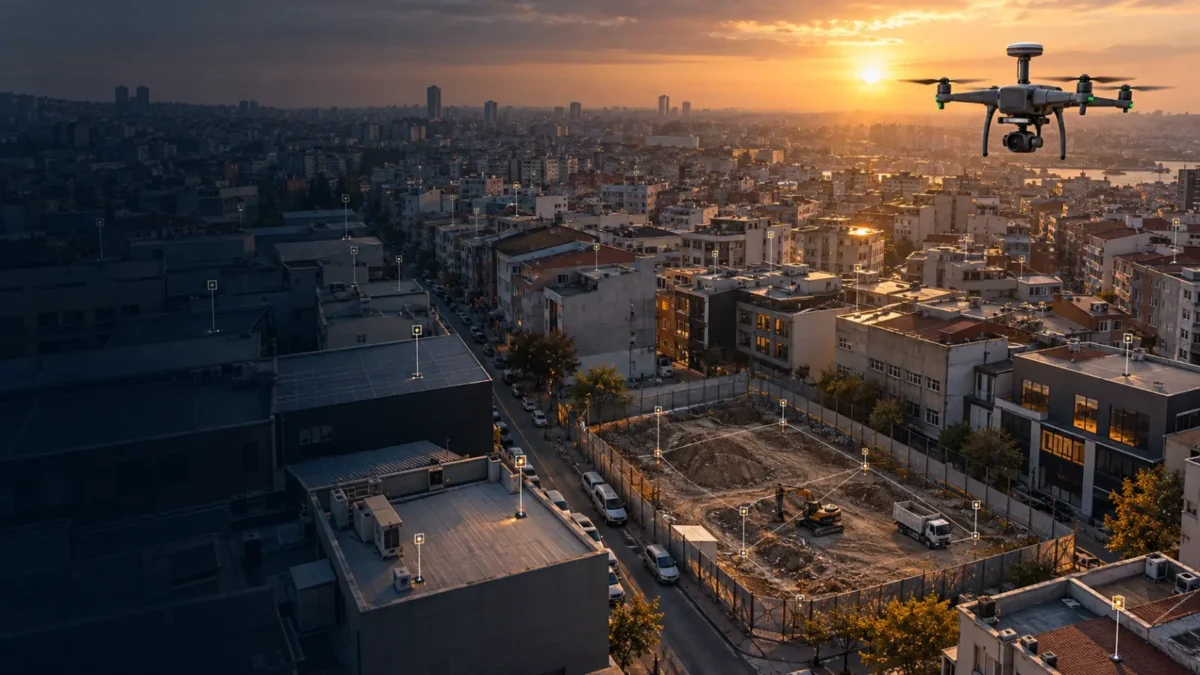 Güngören sık yapı adaları, ticari çatılar ve kontrollü dönüşüm parselinde çalışan haritalama dronu