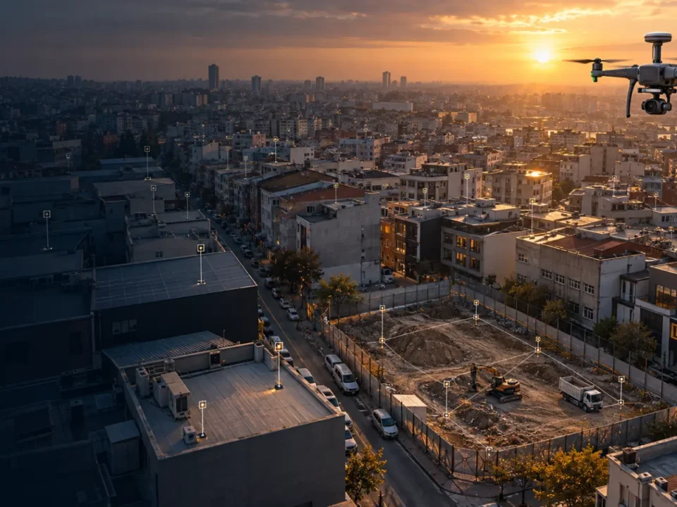 Güngören sık yapı adaları, ticari çatılar ve kontrollü dönüşüm parselinde çalışan haritalama dronu