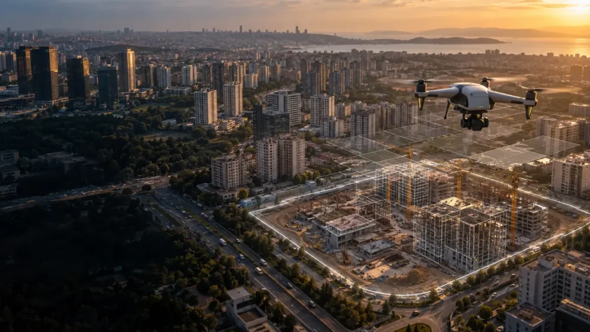 İstanbul ölçeğinde açık şantiye ve kentsel yüzey haritalamayı temsil eden RTK dron