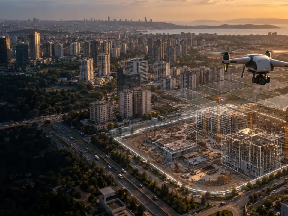 İstanbul ölçeğinde açık şantiye ve kentsel yüzey haritalamayı temsil eden RTK dron