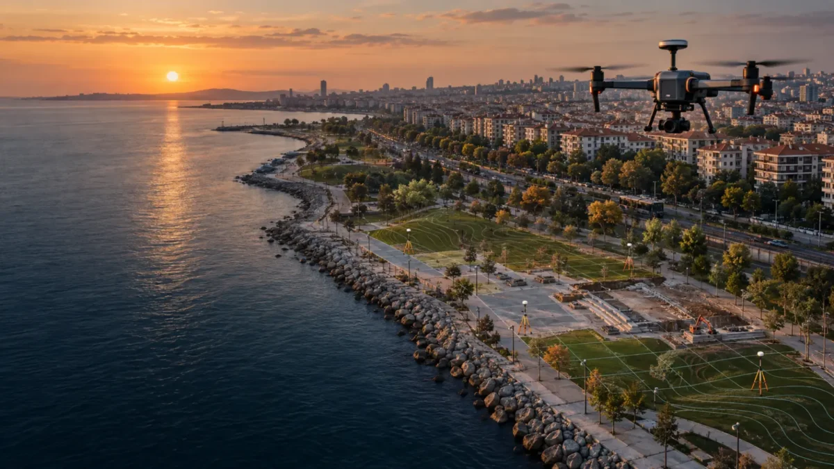 Kadıköy Marmara kıyısı, park ve ulaşım koridorunda çalışan RTK haritalama dronu