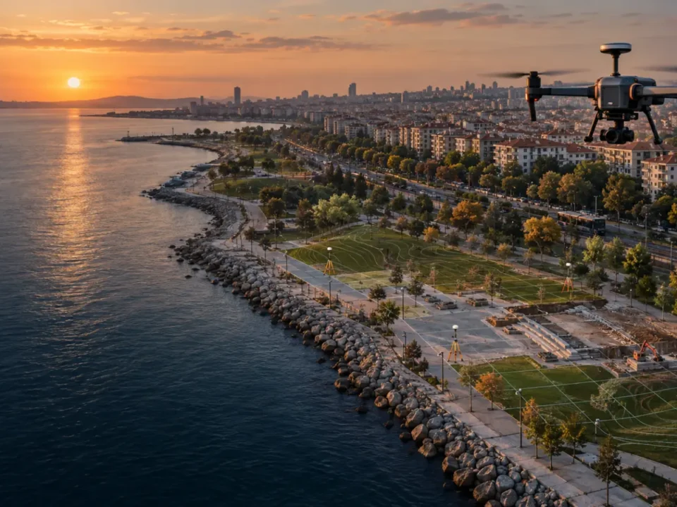 Kadıköy Marmara kıyısı, park ve ulaşım koridorunda çalışan RTK haritalama dronu