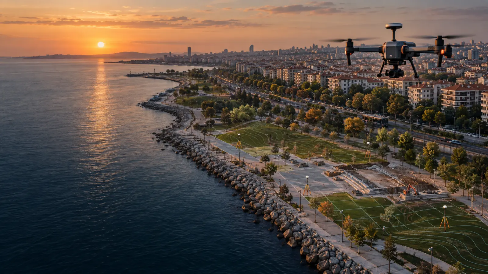 Kadıköy Marmara kıyısı, park ve ulaşım koridorunda çalışan RTK haritalama dronu