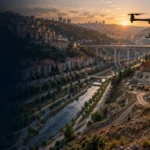 Kâğıthane vadi, dere koridoru, viyadük ve dik yamaç şantiyesinde çalışan haritalama dronu